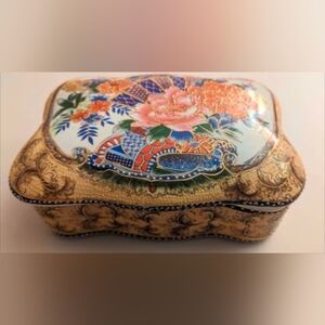 Vintage Asian Porcelain Hand Painted Multicolored Trinket Box 7.5"x7.5"x2.75"